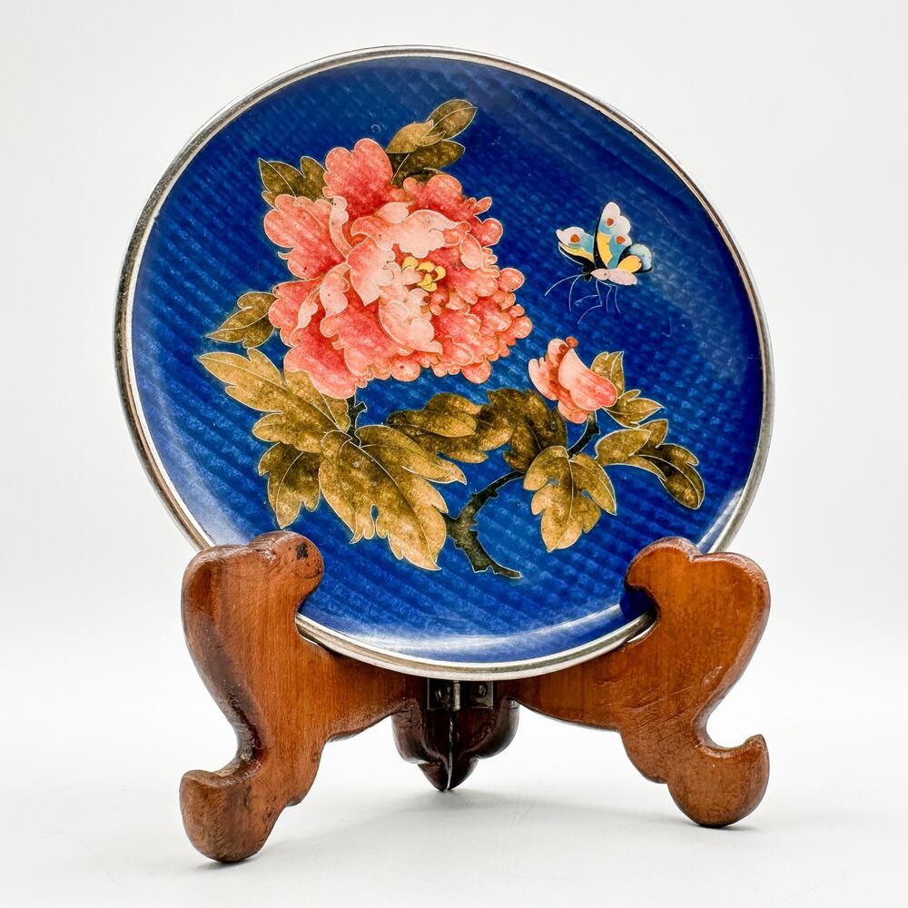 Antique Silver Ginbari Cloisonne Plate Blue Coral Peony Flower Butterfly w Stand - Picture 11 of 13